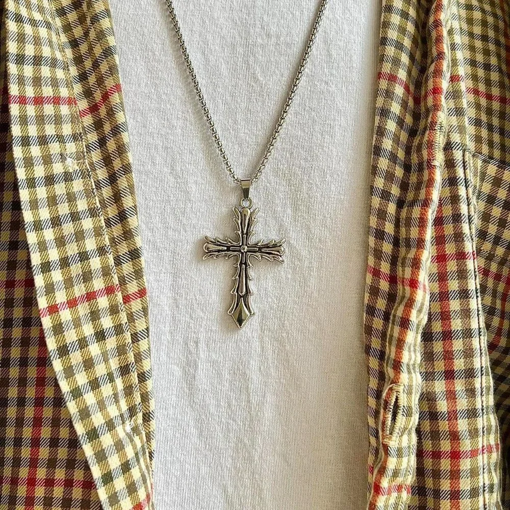 y2k grunge chrome silver cross pendant necklace